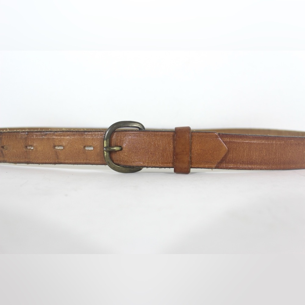 Vintage Narrow Tan Leather Belt with Brass Buckle Unisex